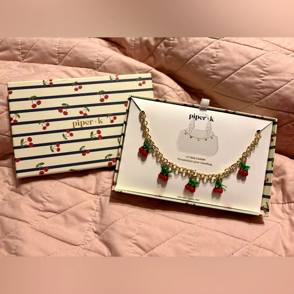 Piper-K Cherry Bag Charm Chain NIB Cute Cherry Purse Charm w/ Box